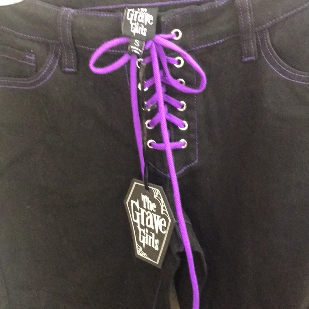 ✨🆕Dolls Kill x Graveyard Girls Black & Purple Flared bottoms Sz S!🦇BNWT!🖤💜 - Picture 3 of 9